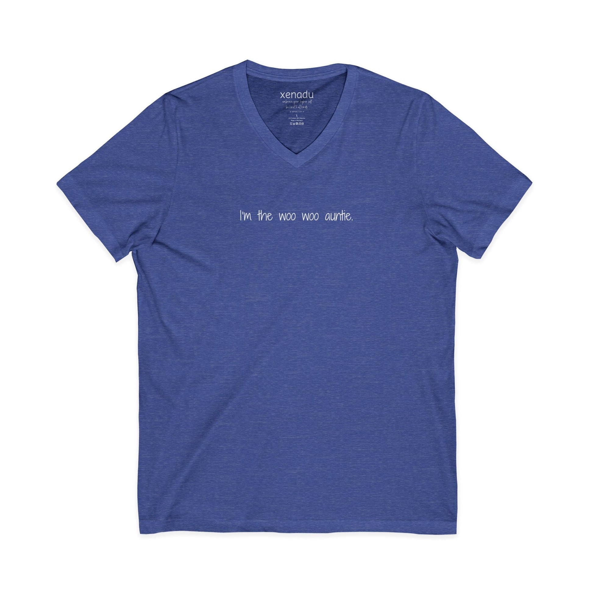 I'm the Woo Woo Auntie V-Neck Tee Heather True Royal V-neck