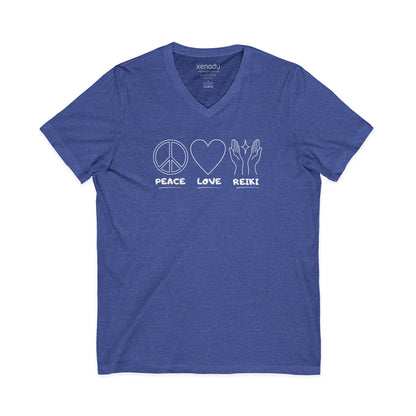 Peace Love Reiki V-Neck Tee Heather True Royal V-neck