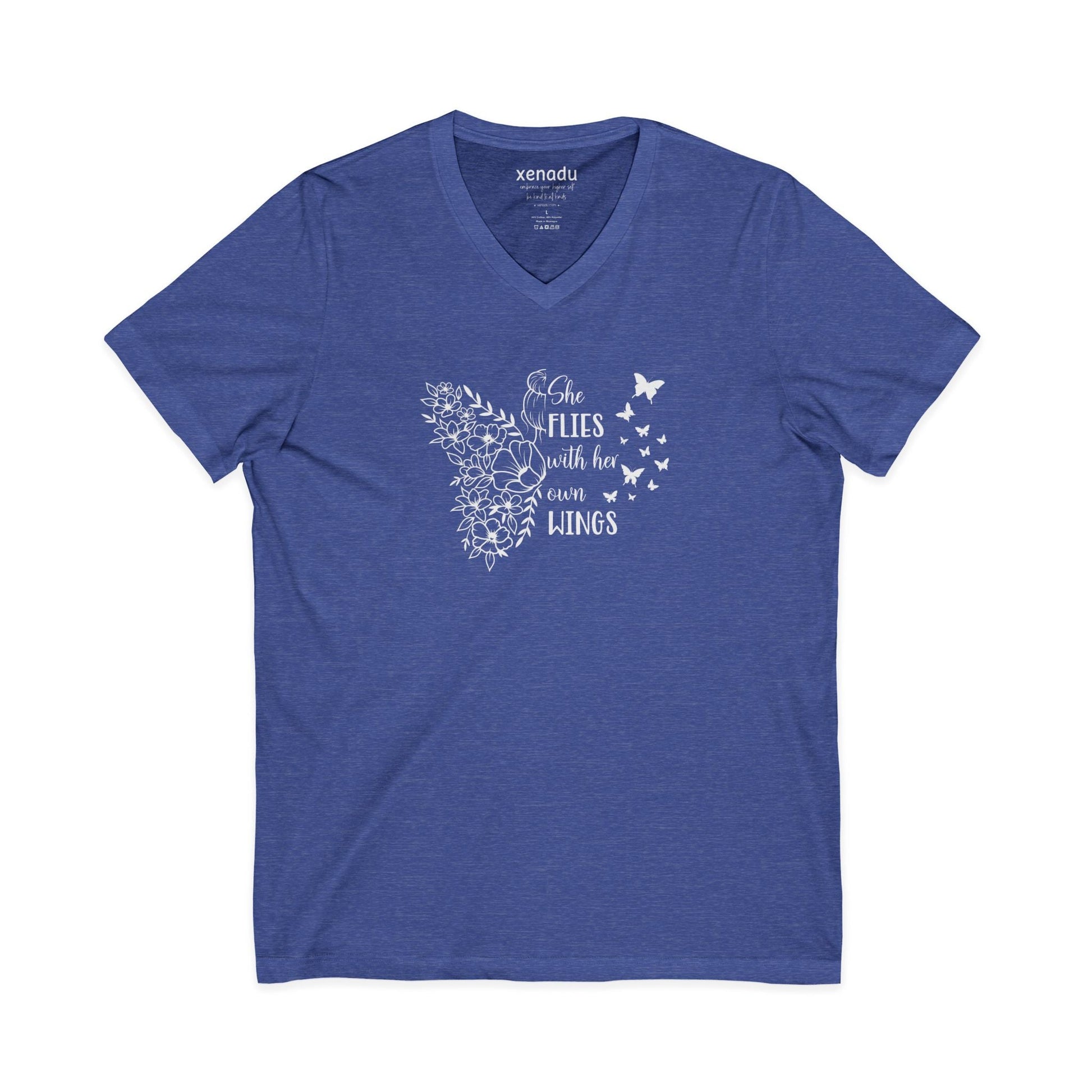 With Her Own Wings V-Neck Tee Heather True Royal V-neck