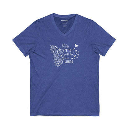 With Her Own Wings V-Neck Tee Heather True Royal V-neck
