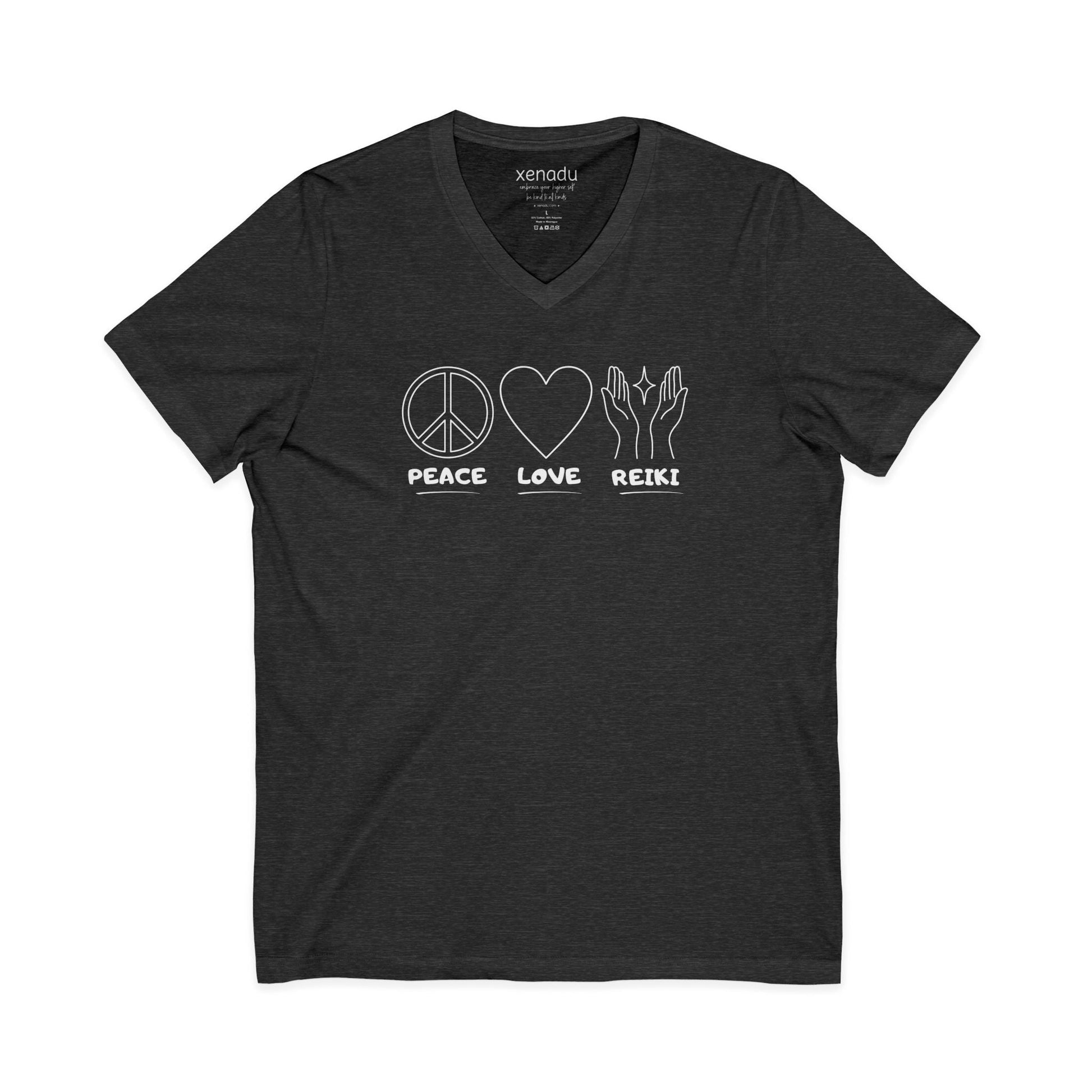 Peace Love Reiki V-Neck Tee Dark Heather Grey V-neck
