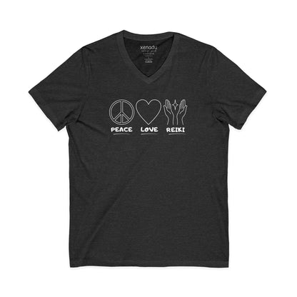Peace Love Reiki V-Neck Tee Dark Heather Grey V-neck