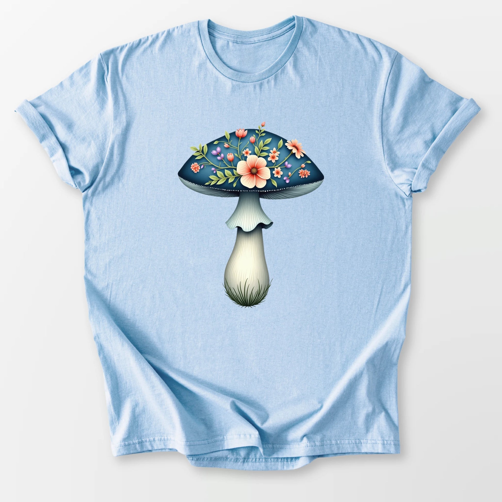 Boho Mushroom Blooms Tee Light Blue T-Shirt