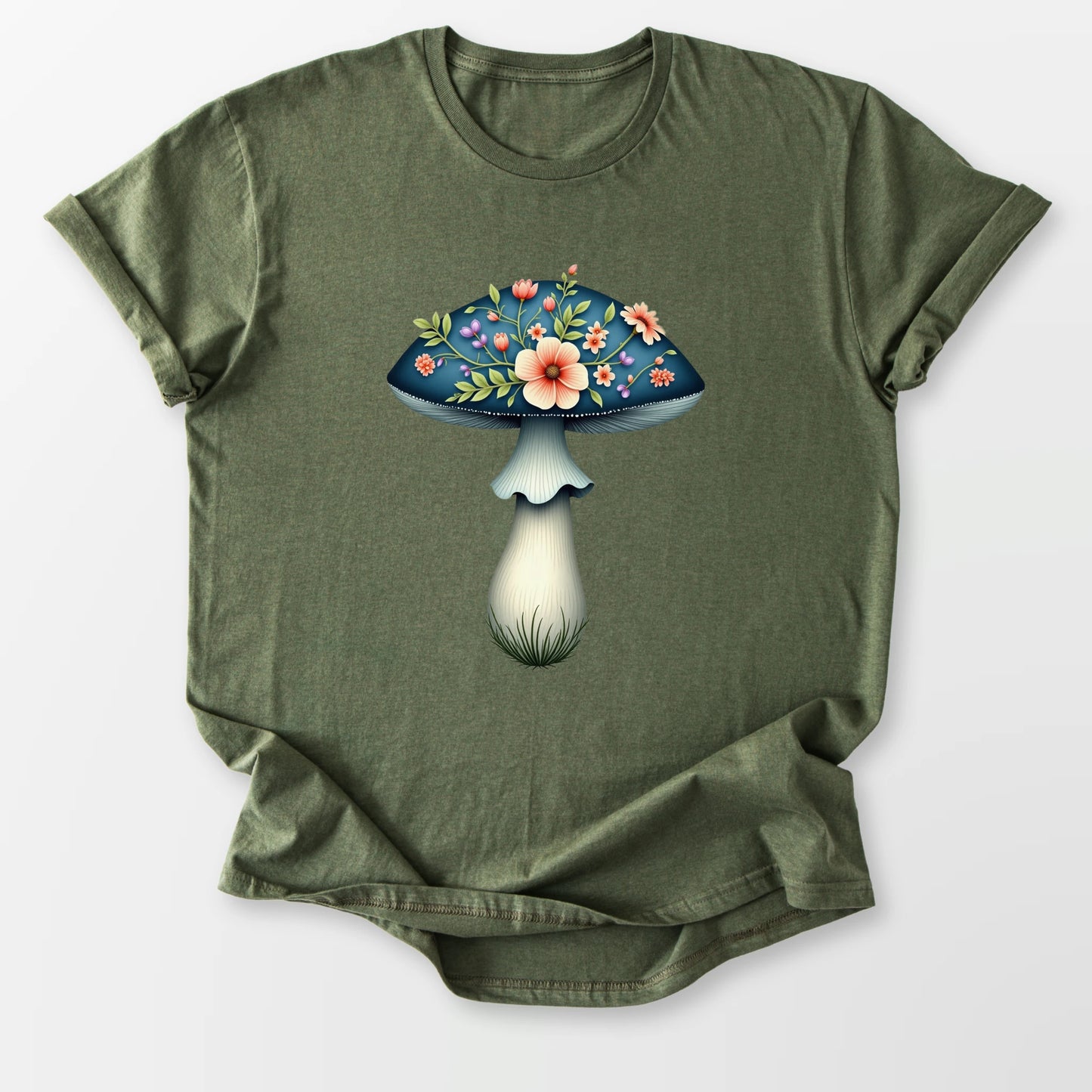 Boho Mushroom Blooms Tee Military Green T-Shirt