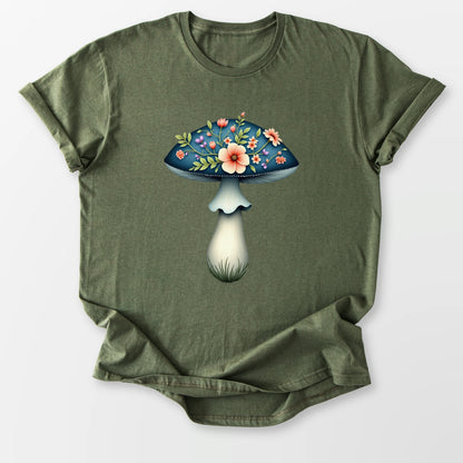 Boho Mushroom Blooms Tee Military Green T-Shirt