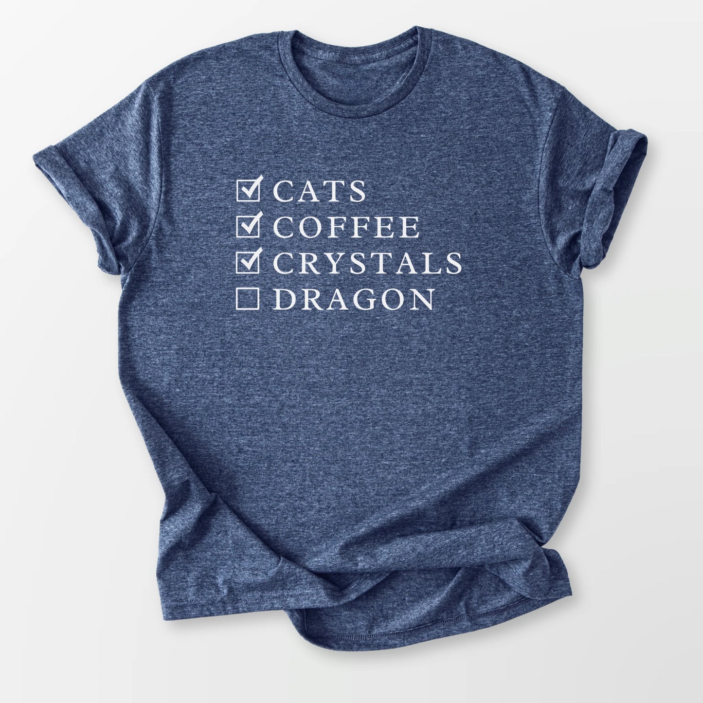 Cats Coffee Crystals Dragon Tee Heather Navy T-Shirt