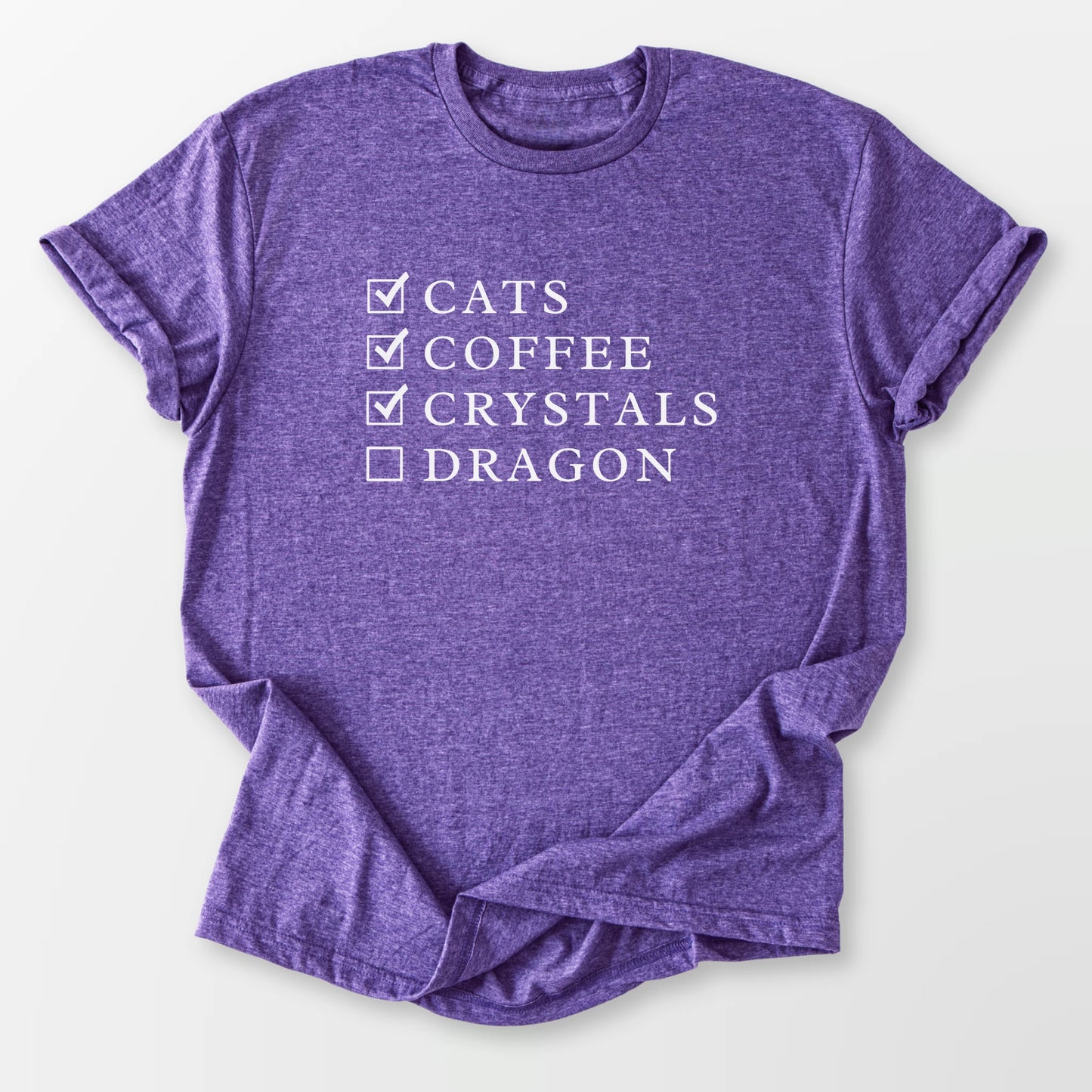 Cats Coffee Crystals Dragon Tee Heather Purple T-Shirt