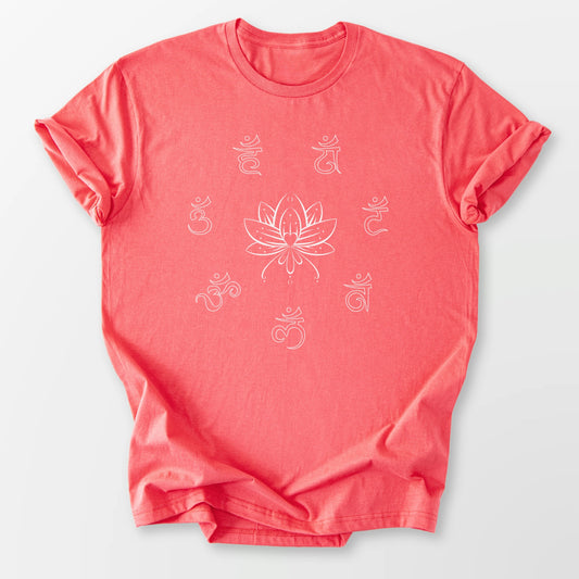 Chakras and Lotus Tee Coral Silk T-Shirt
