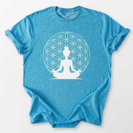 Flower of Life Sukhasana Tee Heather Sapphire T-Shirt