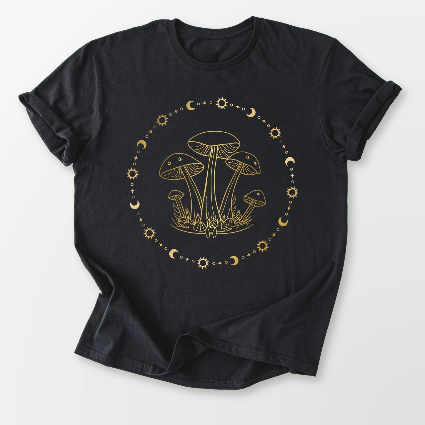 Golden Mushrooms and Moons Tee Black T-Shirt