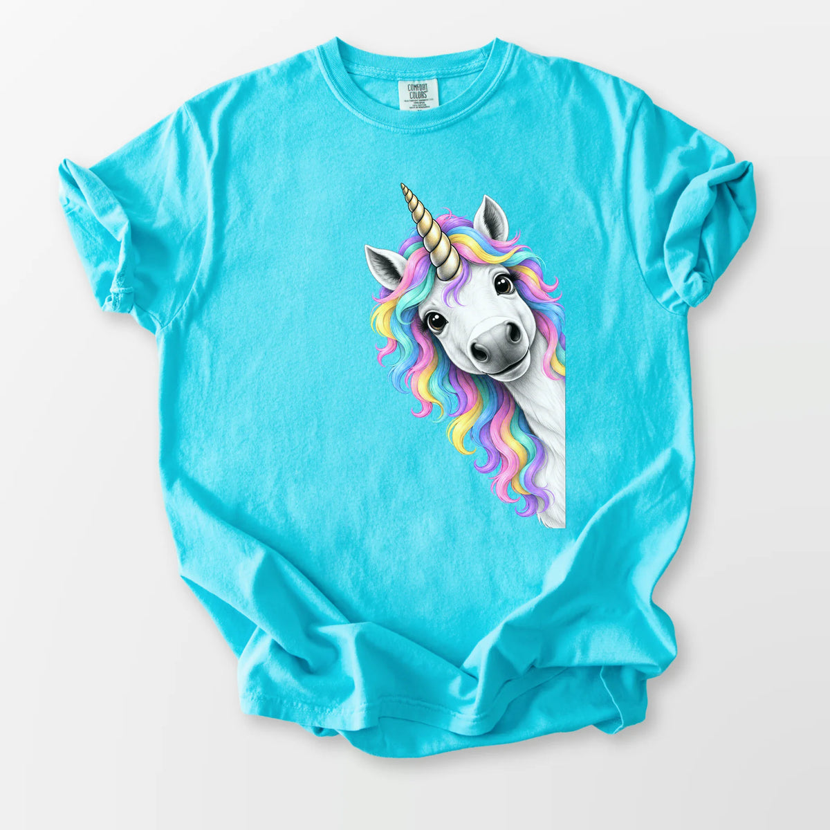 Peeking Unicorn Comfort Tee Lagoon Blue T-Shirt